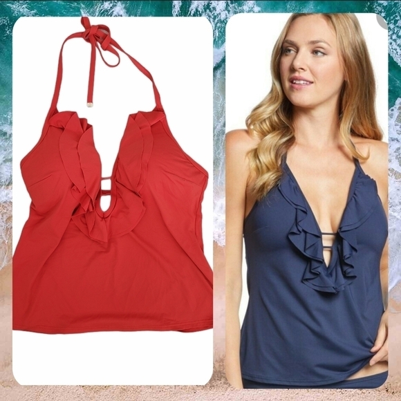 🟢 3 for $30 🟢 MICHAEL KORS RUFFLE DEEP V TANKINI TOP SIZE XS - Picture 1 of 15